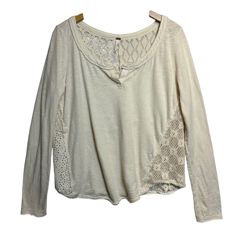 Free People Top Womens L Cream Crochet Lace Patchwork Henley Long Sleeve